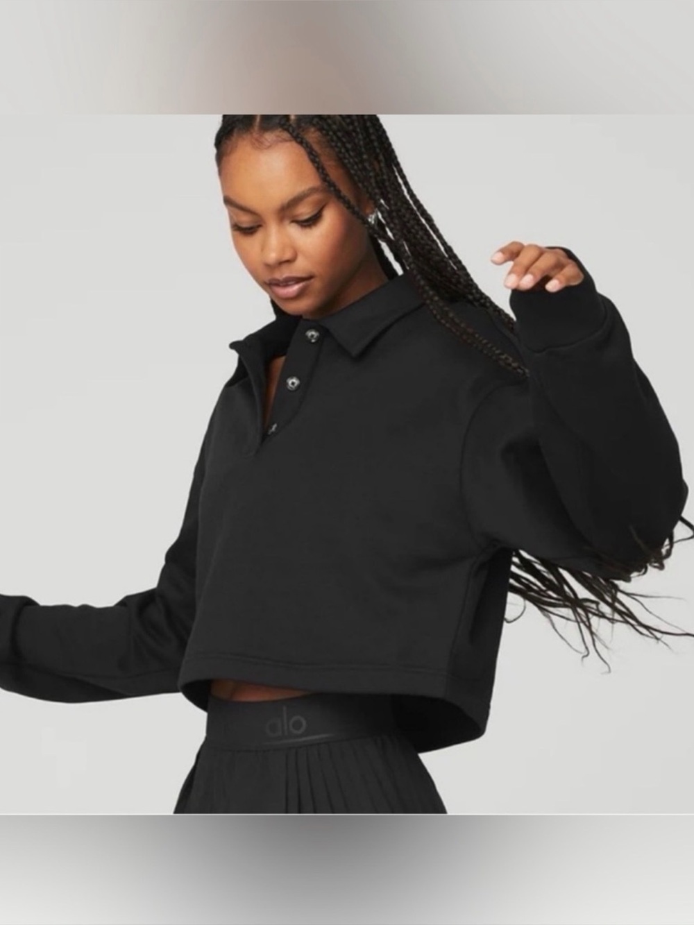 ALO Yoga Cropped Black Polo Henley Pullover